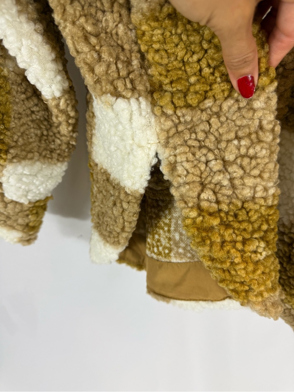 Shop Stevie Plaid Teddy Shacket in white & Tan size: S - Picture 10 of 14